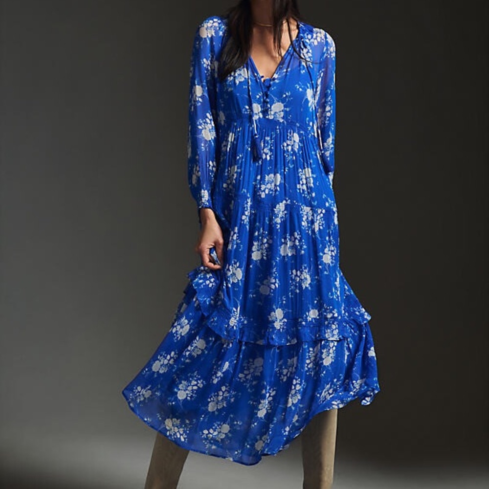 Anthropologie Royal Blue Floral V-Neck Tiered Maxi Dress
